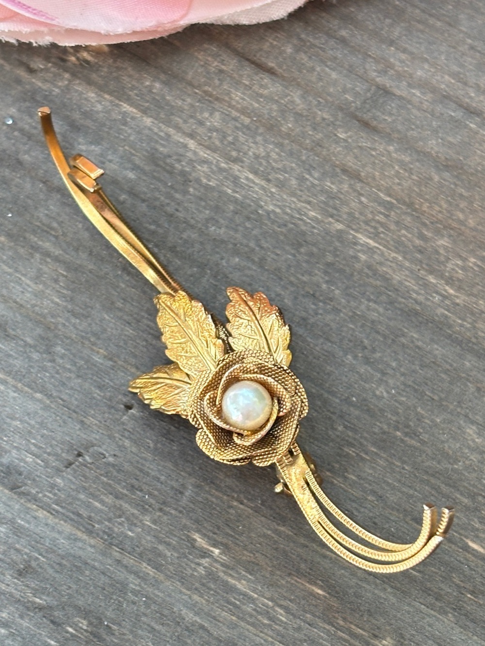 Vintage Gold-Tone Rose Brooch with Faux Pearl Center